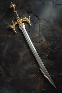 A clean, sharp long sword. Made with a gold hilt, the sword gets the job done. It is given to the hero to wield. It has a hooked tip to help pierce larger opponents, causing more damage as it is fulled out. A beautiful yet painful weapon. Medieval Swords Aesthetic, Swords Fantasy Art, Swords Aesthetic, Swords Fantasy, Fantasy Swords