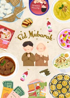 an illustration of various food items on a table with the words eid mubarak above them