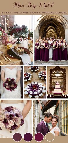 a collage of photos with purple and gold wedding color palettes for the bride and groom