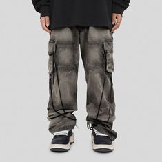 UNDERWATER Spliced Adjustable String Wash Cargo Pants Evil Design, Rapper Aesthetic, Corporate Goth, Custom Leather Jackets, Denim Men, Forward Thinking, Tax Free, Leather Denim, The Hundreds