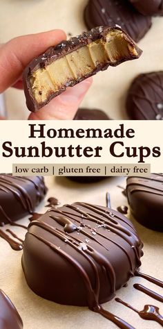 homemade sunbutter cups with chocolate drizzled on top and one bite taken out