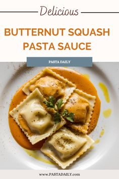 butternut squash pasta sauce on a white plate with the words butternut squash pasta