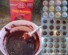 a cupcake pan filled with fudge brownies next to muffin tins