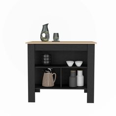 a black shelf with some cups and vases on it's top, against a white background