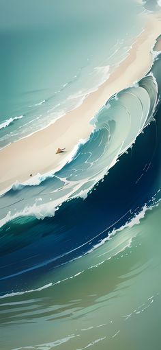 a painting of an ocean wave with a boat in the water and sand on the beach