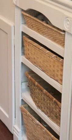 an image of a shelf with baskets on it and the words, there are four drawers each side of the sink that were removed