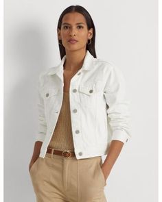 Ralph Lauren Cropped Denim Jacket What Shoes To Wear With Cream Jackef, Chic White Denim Jacket, Chic White Long Sleeve Denim Jacket, Classic White Denim Jacket For Workwear, Fitted White Denim Jacket With Button Closure, White Denim Jacket With Pockets For Fall, Chic White Denim Jacket For Fall, Chic White Cotton Outerwear, White Cotton Denim Jacket For Work