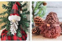 two pictures with pine cones and gnomes on them, one in red and the other in green