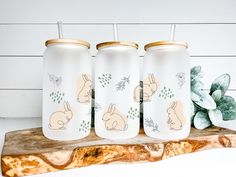 three glass tumblers with bunny rabbits on them