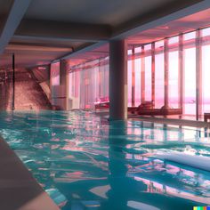 an indoor swimming pool with sun shining through the windows and reflecting light onto the water