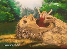 a painting of a woman sitting on top of a tree stump in the woods with her arms outstretched