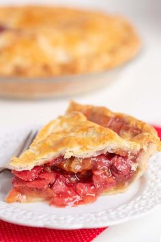 a piece of pie sitting on top of a white plate with a fork next to it