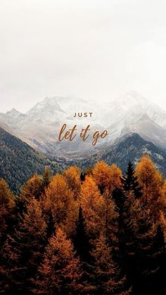 the words just let it go are in front of some trees with yellow leaves on them