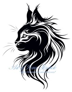 a black and white drawing of a cat's head with long hair on it