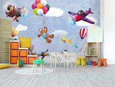 children's room with teddy bears and balloons flying in the sky