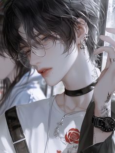 an anime character with black hair and piercings on his ears, holding a cell phone to his ear