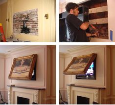 four different pictures of a man working on a fireplace