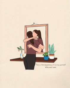 two people hugging each other in front of a mirror