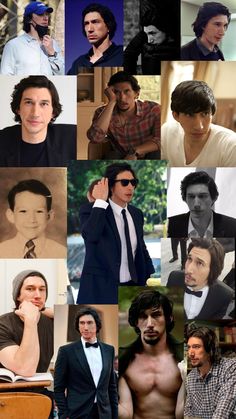 many different pictures of men in suits and ties, including one with his shirt open