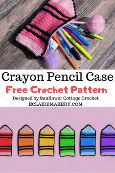 the crochet pencil case is shown with four different colors on it and one has a