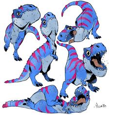 some blue and red dinosaurs with their mouths open in various positions, all facing different directions