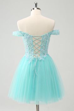 Light Blue A-line Homecoming Dress, A-line Homecoming Dress With Lace Bodice, Off-shoulder Lace Prom Dress, Blue Sweetheart Neckline Mini Dress For Wedding, Off-shoulder Prom Dress With Lace Bodice, Off-shoulder Lace Bodice Prom Dress, Blue Mini Dress With Sweetheart Neckline For Wedding, Sleeveless Light Blue Mini Dress For Wedding, Light Blue A-line Evening Dress For Prom