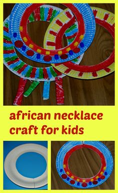 some paper plates are made to look like african necklaces and bracelets for kids