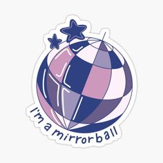 a purple and blue ball with stars on the top sticker is in front of a white background