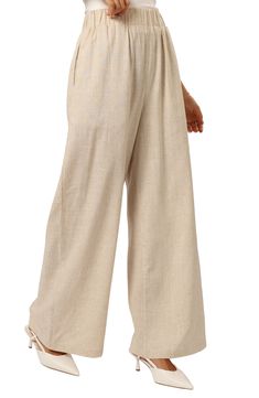 A wide-leg silhouette amplifies the everyday ease of lightweight woven pants that deliver effortless sophistication. Elastic waist Side-seam pockets Unlined 70% viscose, 30% linen Hand wash, line dry Imported Flax Wide Leg Relaxed Fit Pants, Relaxed Neutral Wide-leg Pants, Neutral Relaxed Wide-leg Pants, Flax Wide Leg Pants For Loungewear, Flax Wide Leg Bottoms For Vacation, Wide Leg Flax Pants For Loungewear, Relaxed Beige Wide Leg Bottoms, Cream Wide Leg Vacation Pants, Relaxed Wide Leg Beige Pants