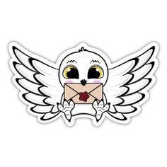 an envelope with eyes and wings is shown on the back of a sticker that says,