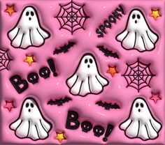 a pink background with halloween decorations and ghost cookies