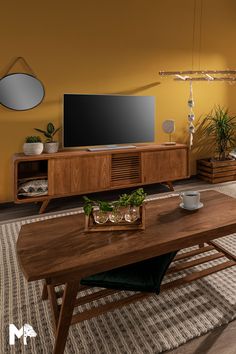 a living room with yellow walls and a wooden coffee table in the foreground, potted plants on either side