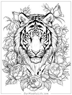 a tiger surrounded by flowers and leaves with roses on the bottom half of its face