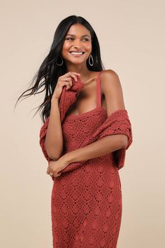 The fall season calls for extra-adorable looks like the Lulus Doubled Up Cutie Rust Red Crochet Two-Piece Sweater Midi Dress! Open weave crochet knit shapes this versatile two-piece dress that features a sweater top with a boat neckline, slightly cropped bodice, and subtle bell sleeves with drop shoulders. Matching dress has slender straps that support a straight neckline, sleeveless bodice, and a figure-skimming silhouette. Slightly flared midi hem completes the look. Fit: This garment fits tru Red Crochet Dress, Crochet Two Piece, Sweater Midi Dress, Midi Sweater Dress, Red Crochet, Oahu Wedding, Rust Dress, Straight Neckline, Medium Dress