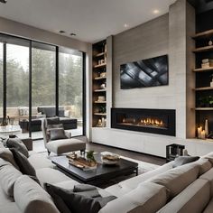 modern living room with fireplace and large windows