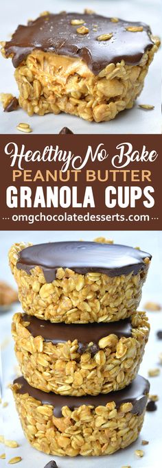 no bake peanut butter granola cups stacked on top of each other