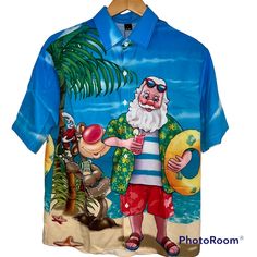 Never Worn! Great For Christmas Parties! Blue Tops For Summer Holiday, Casual Short Sleeve Shirt For Holiday, Casual Red Holiday Shirt, Casual Blue Holiday Tops, Blue Casual Tops For Holiday, Tropical Santa, Christmas Parties, Casual Shirts For Men, Casual Button Down Shirts