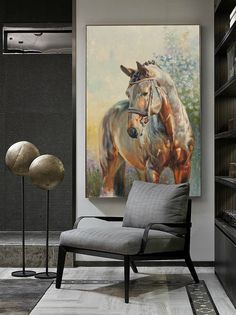 a horse is standing in the middle of a room with two lamps and a painting on the wall