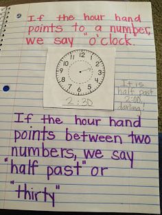 a piece of paper with writing on it that reads if the hour hand points to a number we say o'clock