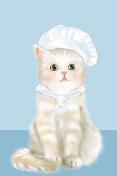 a white cat wearing a chef's hat and sitting in front of a blue background