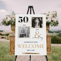 a welcome sign with two pictures on it and the words 50 years and celebrating 50 years