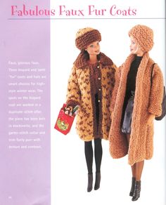 two women in fur coats and hats standing next to each other on a purple background