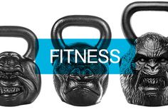 three kettles with gorilla heads on them and the words fitness written in white letters