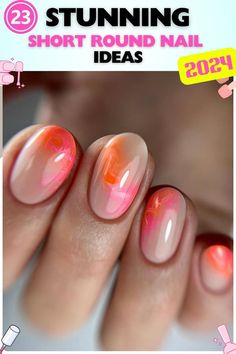 Bright orange and pink ombre short round nails, gel polish, vibrant and energetic, perfect for showcasing a bold and adventurous style, featuring a glossy finish. Orange And Pink, Pink Ombre