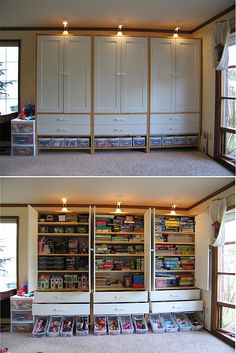 there are two pictures of the inside of a room with bookshelves and toys