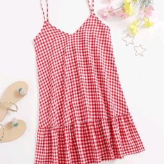 Brand New Never Worn Shein Brand Gingham Ruffle Hem Came Dress Size Xs Adjustable Straps 80 Cotton/20 Polyester Smoke Free/Pet Free Home Red Plaid Mini Dress For Spring, Casual Red Plaid Dress For Spring, Red Sleeveless Plaid Dress For Spring, Summer Cotton Plaid Dress With Ruffle Hem, Beach Gingham Dress With Ruffle Hem, Gingham Beach Dress With Ruffle Hem, Gingham Dress With Ruffle Hem For Beach, Summer Gingham Plaid Dress With Ruffle Hem, Red Sleeveless Plaid Dress For Summer