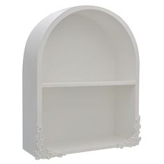 a white shelf with an ornate design on the top and bottom shelves, both facing each other