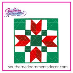 an image of a quilt pattern with red and green stars on the center, as well as