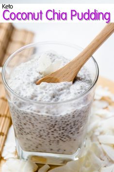 there is a small glass bowl with chia pudding and a wooden spoon in it