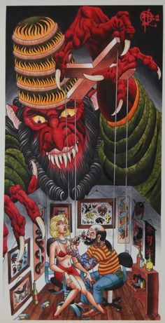 an image of a man and woman in front of a giant demon with huge teeth